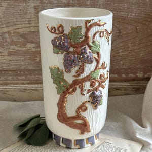 Vintage Hand Painted Grapevine Vase, Signed & Dated 1987, Purple Grape Ceramic Urn, Gold Gilt Tuscan Decor, Old World Italian Style