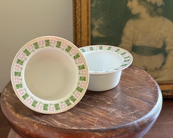 Vintage The Grenada Porcelain Ramekins Set of 2, Mid Century Pink and Green Geometric Art Deco Design Small Custard Cups Bowls