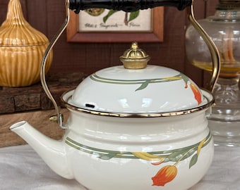Vintage Gailstyn-Sutton Enamelware Floral Tea Kettle with Tulips