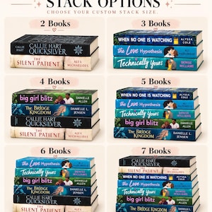 May include: A display of book stack options labeled 2 to 7 books. Each stack features various titles including Quicksilver, The Silent Patient, When No One Is Watching, The Love Hypothesis, Technically Yours, Big Girl Blitz, and The Bridge Kingdom.