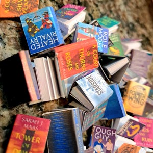 May include: A collection of miniature books with colorful covers and titles like "Heated Rivalry," "A Court of Thorns and Roses," and "Tower of Dawn." The books are stacked and scattered, showcasing various book cover designs and author names.