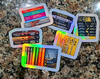 Booktok romantasy favorites stickers, acotar, gild, lightlark, throne of glass, fourth wing, starside book stacks