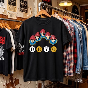 May include: A black short-sleeve t-shirt featuring a graphic print of five figures wearing red energy dome hats. The figures are arranged in a semi-circle above the text DEVO, with each letter enclosed in a white or yellow circle on the chest.