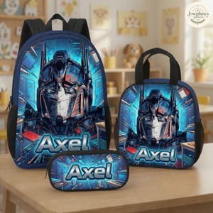Personalized Optimus Prime School Backpack Set, Custom Name Robot Transformer Boys Lunchbox, Pencil Case Bag, Gift for Kid