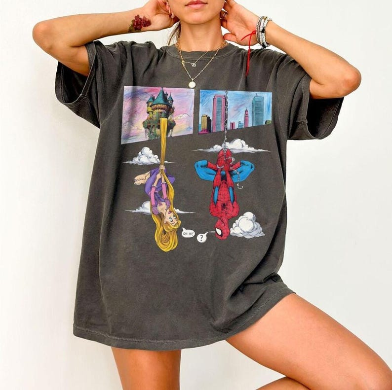 Vintage Rapunzel and Spiderman Comfort Colors Shirt, Disneyland Princess & Mcu Superhero Meeting Tee, Spiderman Brand New Day Shirt image 1