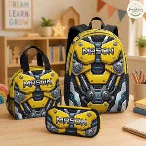 Personalized Bumbblebee Robot Backpack Set, Custom School Bag, Transformer Lunch Box, Pencil Case, Kindergarten Gift for Boy