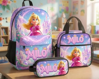 Personalized Princess Peach Toddler Backpack Set Custom Name School Bag Lunch Box Pencil Case Back to School Gift Girls Preschool Rucksack