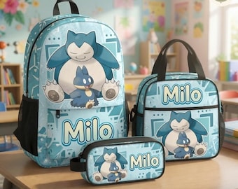 Personalized Cute Lazy Snorlax Munchlax Backpack Set Blue Bear Monster School Bag Custom Name Kids Lunch Bag Pencil Case Back To School Gift