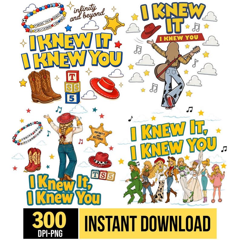 Toy Story 5 Characters Bundle PNG, I Knew It I Knew You Western Cowgirl Boots Friendship Bracelet Shirt Design Graphic Download File image 1
