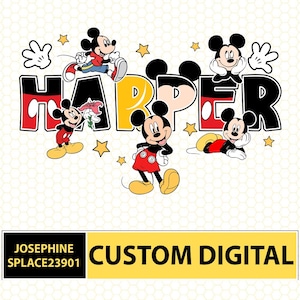 May include: A digital design featuring the name "HARPER" in a playful font, with Mickey Mouse characters and star accents. The design incorporates red, yellow, and black colors, with Mickey Mouse in various poses. The bottom banner reads "CUSTOM DIGITAL".