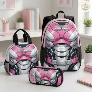 Personalized Arcee Robot Backpack Set, Pink Robot Armor Design, Custom Transformer School Bag,Girls Lunch Box Pencil Case, Gift for Daughter