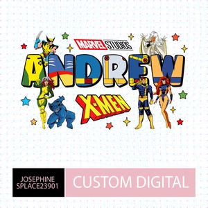 May include: A custom digital design with the name "Andrew" in large, colourful letters, accompanied by X-Men characters and the Marvel Studios logo. Includes Wolverine, Rogue, Beast, Cyclops, Storm, and Jean Grey. The X-Men logo is also present.