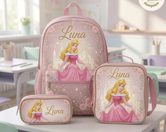 Custom Girls School Bag, Sleeping Beauty Aurora Personalized Backpack Set, Lunch Bag and Pencil Case, Princess Castle Theme, Gift for Girls