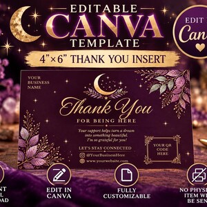 Può includere: Un modello Canva modificabile da 4"x6" per un biglietto di ringraziamento con sfondo viola scuro, illustrazioni di luna crescente e foglie dorate. Il testo recita "Thank You FOR BEING HERE" con segnaposto per nome, QR code e sito web.