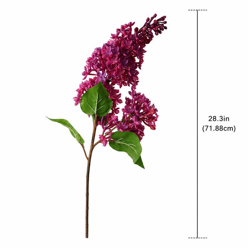 Puede incluir: Un solo tallo de flores de lilas artificiales, de aproximadamente 72 cm de altura. Las flores son de un color p&uacute;rpura intenso, con hojas verdes y un tallo marr&oacute;n. Las flores de lilas est&aacute;n agrupadas, creando una apariencia completa y texturizada.