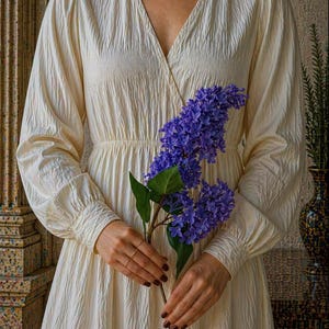 Puede incluir: Vestido crema de manga larga con cuello en V y tejido texturizado. Una persona sostiene el vestido y una ramita de flores moradas. El vestido tiene cintura entallada y falda fluida.