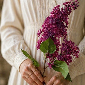Puede incluir: Una rama de lilas moradas vibrantes con hojas verdes. Las flores se sostienen en manos con anillos dorados, contra un vestido color crema. La imagen resalta la belleza natural de las flores.