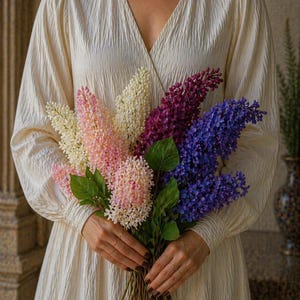 Puede incluir: Un ramo de flores de lilas coloridas en tonos blancos, rosas, morados y azules. Las flores se sujetan con hojas verdes y tallos marrones. La persona lleva un vestido color crema.