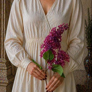 Puede incluir: Vestido crema de manga larga con cuello en V y tejido texturizado. El vestido est&aacute; recogido en la cintura y sostenido por una persona que sostiene una ramita de lilas moradas. Se ve un collar de oro con un colgante de perla.