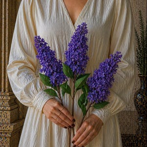 Puede incluir: Una persona sostiene tres tallos de flores de lilas moradas. Lleva un vestido color crema con mangas largas y cuello en V. El vestido tiene un patr&oacute;n texturizado. El fondo incluye un jarr&oacute;n decorativo y detalles arquitect&oacute;nicos.