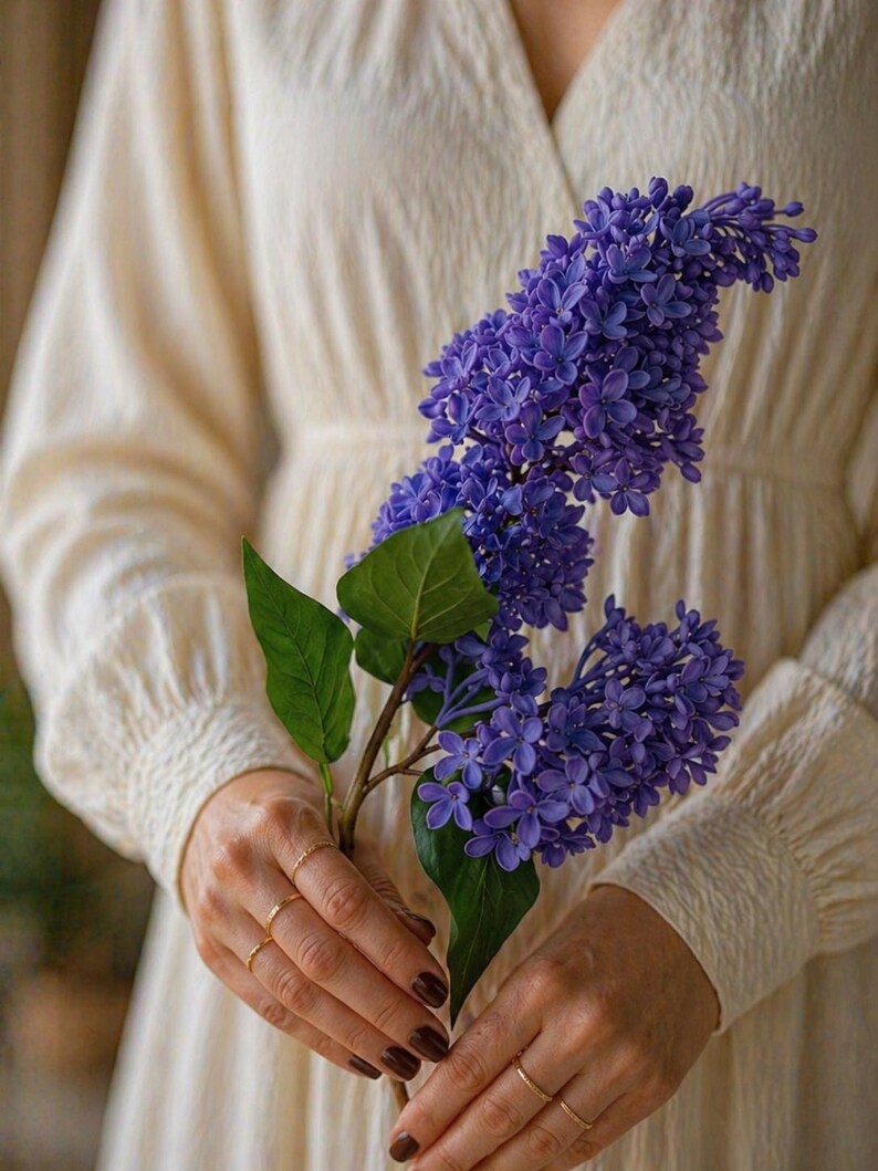 Puede incluir: Primer plano de una rama de vibrantes flores de lilas moradas con hojas verdes. Las flores se sostienen frente a un vestido color crema. La imagen resalta los detalles de las flores y la textura de la tela.