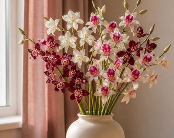 Rama de orquídea Dendrobium de tacto real, tallo artificial de 2 tenedores, arreglo floral artificial realista hecho a mano