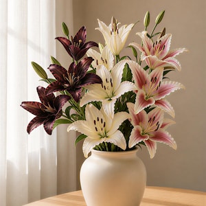 May include: A display of lilies in a white ceramic vase. The lilies are in shades of deep burgundy, white, and pink. The vase is on a wooden table near a window with a sheer white curtain.