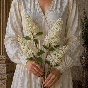 Puede incluir: Un vestido color crema con mangas largas y cuello en V. El vestido es texturizado y lo sostiene una persona. La persona sostiene tres tallos de flores blancas con hojas verdes. El fondo es de color neutro.