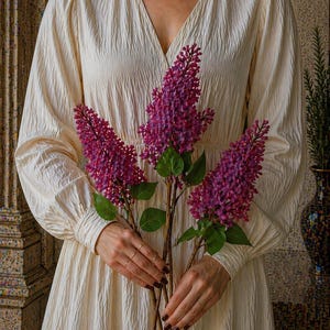 Puede incluir: Una persona con un vestido color crema con cuello en V sostiene tres tallos de lilas moradas. El vestido tiene mangas largas y una tela texturizada. Las flores tienen hojas verdes y est&aacute;n en plena floraci&oacute;n.
