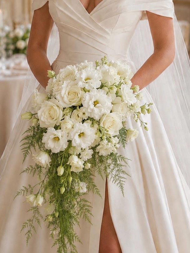 Cascading White Peony Rose Wedding Bouquet With Orchids and Greenery ...