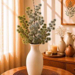 Könnte beinhalten: Eine hohe, cremeweiße Keramikvase mit glatter, matter Oberfläche enthält ein Bündel künstlicher, stacheliger Zweige in Grün- und frostigen Silbertönen. Die Vase hat einen schmalen Hals und einen bauchigen Körper und steht auf einem runden, geflochtenen Platzset.