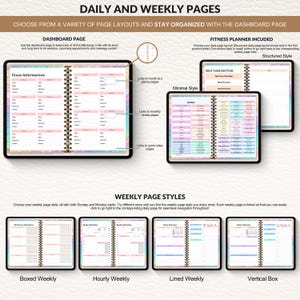 May include: A planner with various page layouts, including a dashboard page, fitness planner, and weekly styles. The planner features a spiral binding and comes in different styles such as boxed, hourly, lined, and vertical box layouts. The text on the image reads "Daily and Weekly Pages."