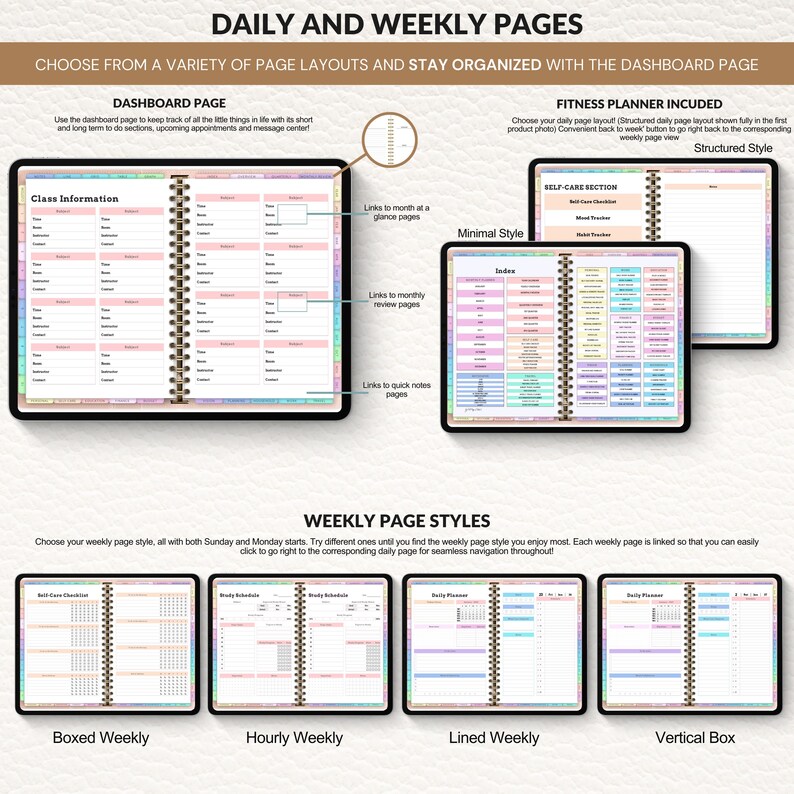 May include: A planner with various page layouts, including a dashboard page, fitness planner, and weekly styles. The planner features a spiral binding and comes in different styles such as boxed, hourly, lined, and vertical box layouts. The text on the image reads "Daily and Weekly Pages."