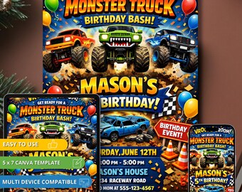 Monster Truck Birthday Invitation, Editable Canva Template, Kids Party Invite