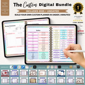 May include: The Custom Digital Bundle includes a digital planner with a study schedule and index. The planner is compatible with GoodNotes and features a variety of planner colors and ring styles. The text on the image says "Build your own custom planner in under 2 minutes!"