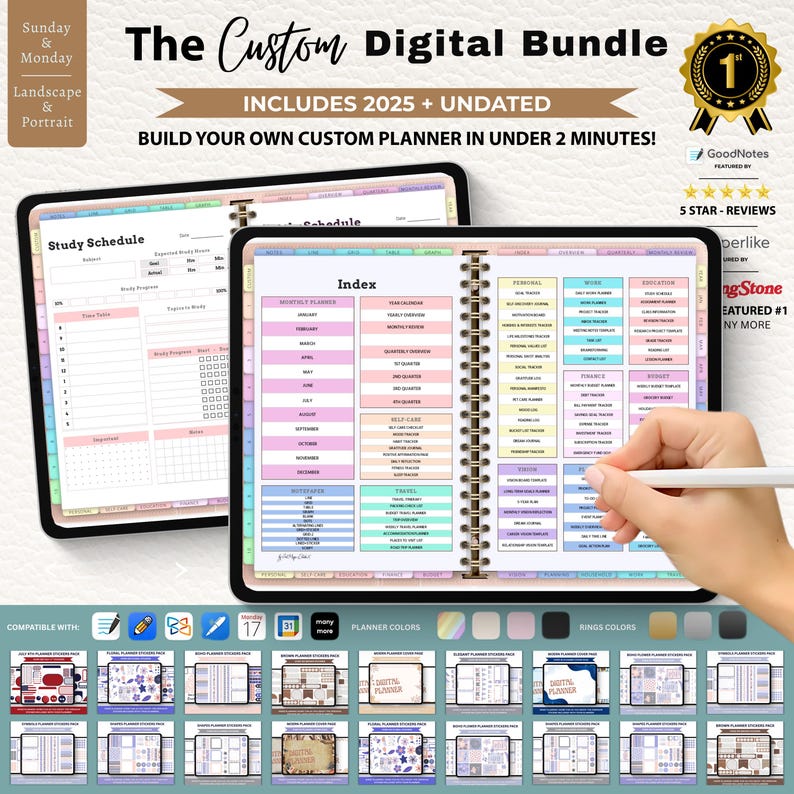 May include: The Custom Digital Bundle includes a digital planner with a study schedule and index. The planner is compatible with GoodNotes and features a variety of planner colors and ring styles. The text on the image says "Build your own custom planner in under 2 minutes!"
