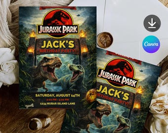 Jurassic Park Birthday Invitation Template, Dinosaur Party Invite (Canva Download)