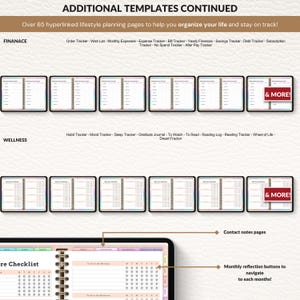 May include: Digital planner with multiple templates for finance and wellness. The image shows a detailed view of the planner's pages, including finance trackers, expense trackers, and wellness trackers. The planner has over 65 hyperlinked pages.