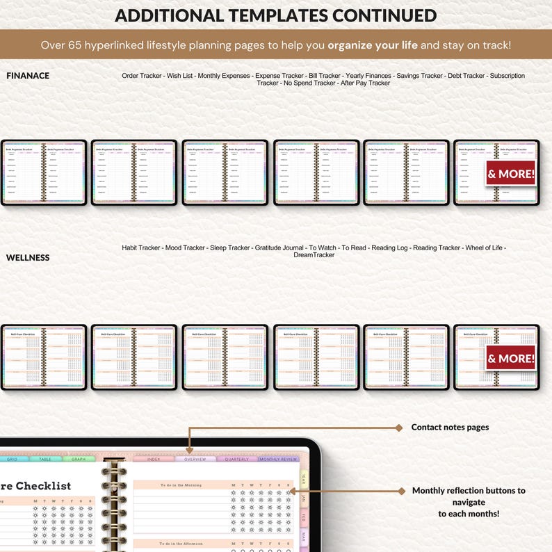 May include: Digital planner with multiple templates for finance and wellness. The image shows a detailed view of the planner's pages, including finance trackers, expense trackers, and wellness trackers. The planner has over 65 hyperlinked pages.