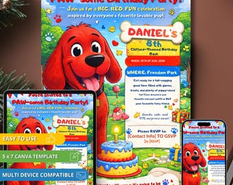 Big Dog Birthday Invitation, Clifford Themed Party Invite, Canva Template (Digital Download)