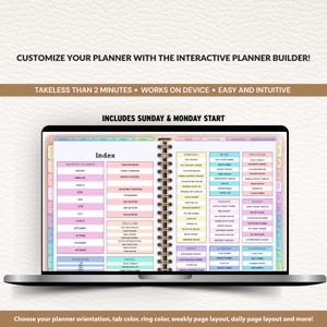 May include: A laptop displaying a digital planner with a spiral binding. The planner's index and various sections are visible, including monthly, yearly, and self-care categories. Text on the screen reads: "Customize your planner with the interactive planner builder!" and "Includes Sunday & Monday start."
