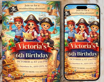 Editable Pirate Birthday Invitation, Kids Party Template (Digital Download)