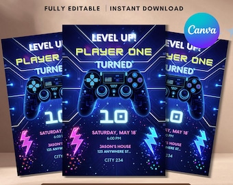 Level Up Player Birthday Invitation, Gamer Kids Party Template (Digital Download)