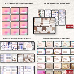 May include: A collection of digital planner covers, stickers, and stickies. The image showcases various digital planner covers with text that reads "Digital Planner." The image also includes the text "Includes Modern Digital Stickers and Stickies!" and "& More!"