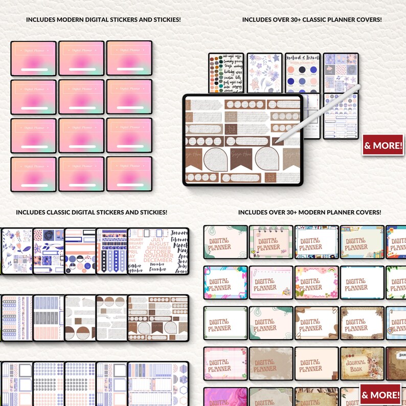 May include: A collection of digital planner covers, stickers, and stickies. The image showcases various digital planner covers with text that reads "Digital Planner." The image also includes the text "Includes Modern Digital Stickers and Stickies!" and "& More!"