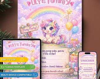 Magical Pony Birthday Invitation Template, Editable Canva Kids Party Invite