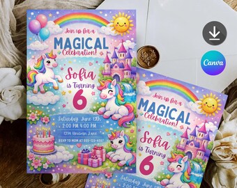 Magical Unicorn Birthday Invitation, Editable Kids Fantasy Party Template (Digital Download)
