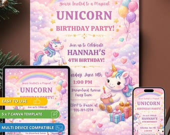 Unicorn Birthday Invitation Template, Magical Kids Party Invite (Canva Download)