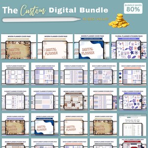 May include: A digital bundle advertisement featuring various planner stickers and cover pages. The image includes a stylus, gold coins, and text that reads "The Custom Digital Bundle" and "#1 Best Value!" with a savings of 80%.