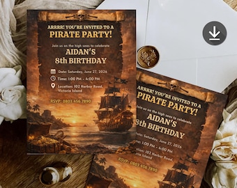 Pirate Birthday Invitation, Editable Kids Party Template (Digital Download)